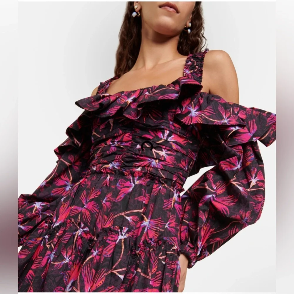 Ulla Johnson | NWT Caprice Floral Cotton Off-Shoulder Zinnia Midi Dress- Size 0 - Picture 5 of 15
